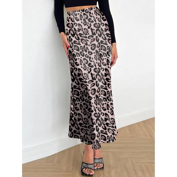 Women Leopard Maxi Dressy Casual Zipped High Waisted Silk Elegant Long Skirt - Picture 4 of 7